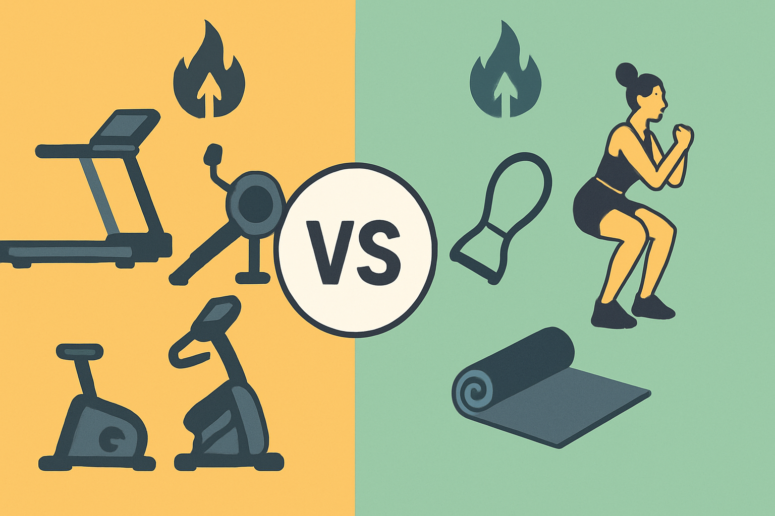 Split-screen infographic comparing gym equipment to an at home cardio workout to burn fat with bodyweight and resistance exercises.