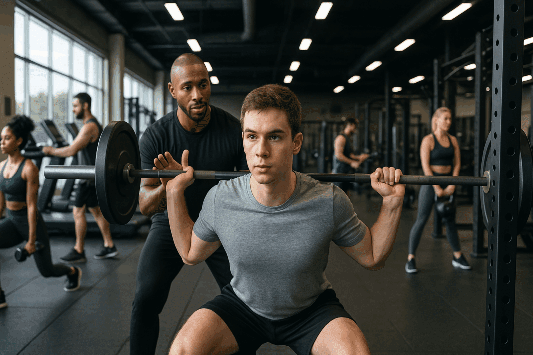 beginner gym split (1) Beginner gym split workout with a young man lifting weights under trainer guidance in a modern fitness center.