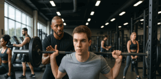 Beginner gym split workout with a young man lifting weights under trainer guidance in a modern fitness center.