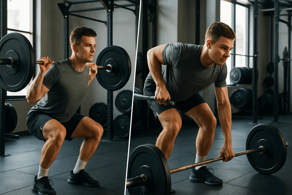 Beginner performing squats and rows in a gym during a full-body beginner gym split workout