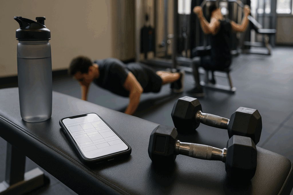 Beginner gym split setup showing a workout app, dumbbells, and water bottle on a bench with push-ups and lat pulldowns in the background