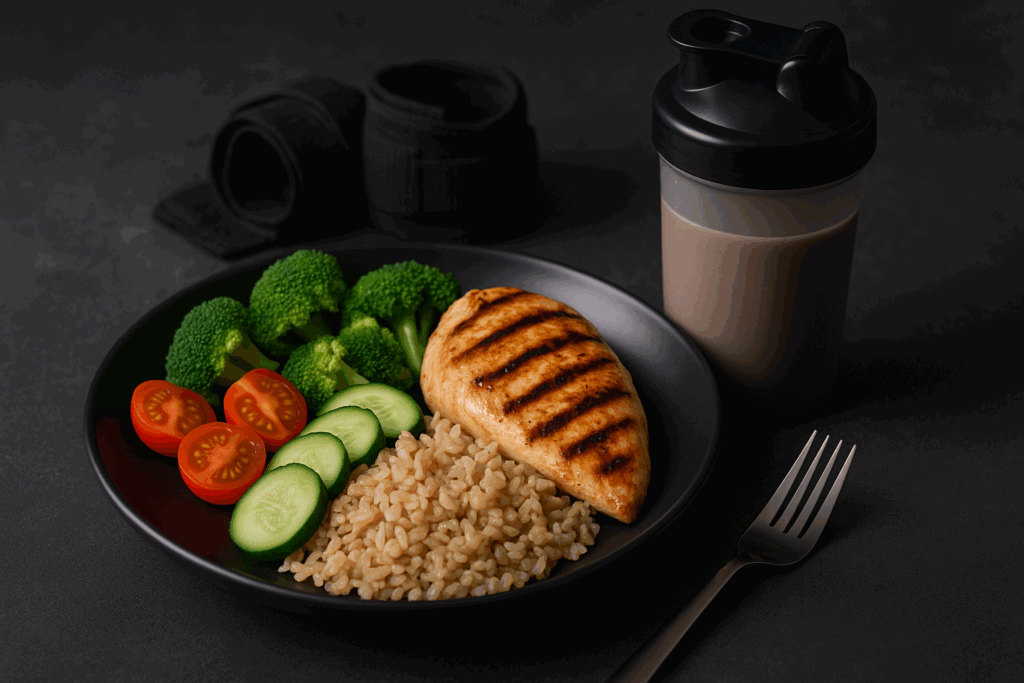 Balanced post-workout meal of grilled chicken, brown rice, vegetables, and protein shake for a beginner gym split recovery plan