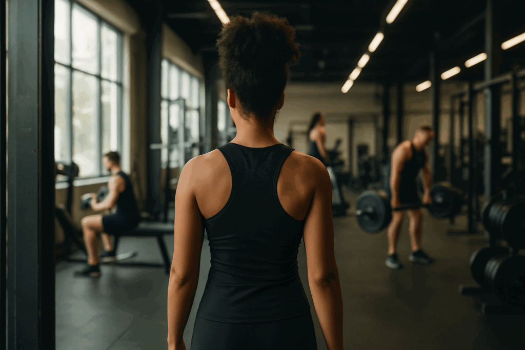 Confident woman entering a gym for her first workout, beginning her beginner gym split with focused determination.