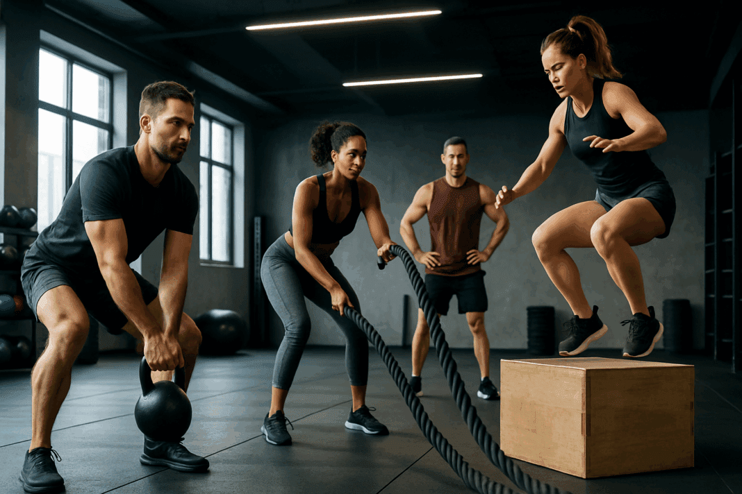 functional training circuit (1) "Functional training circuit with four athletes performing kettlebell swings, battle rope exercises, and box jumps in a modern gym"