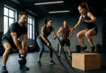 Essential Functional Training Circuit for Maximum Endurance and Cardio Boost "Functional training circuit with four athletes performing kettlebell swings, battle rope exercises, and box jumps in a modern gym"