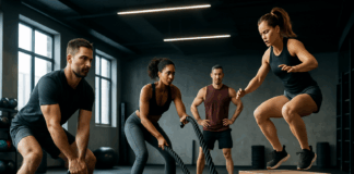 "Functional training circuit with four athletes performing kettlebell swings, battle rope exercises, and box jumps in a modern gym"