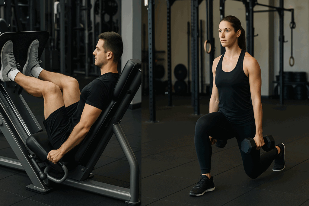 "Functional training circuit with man on leg press machine and woman performing weighted lunges for full-body workout."