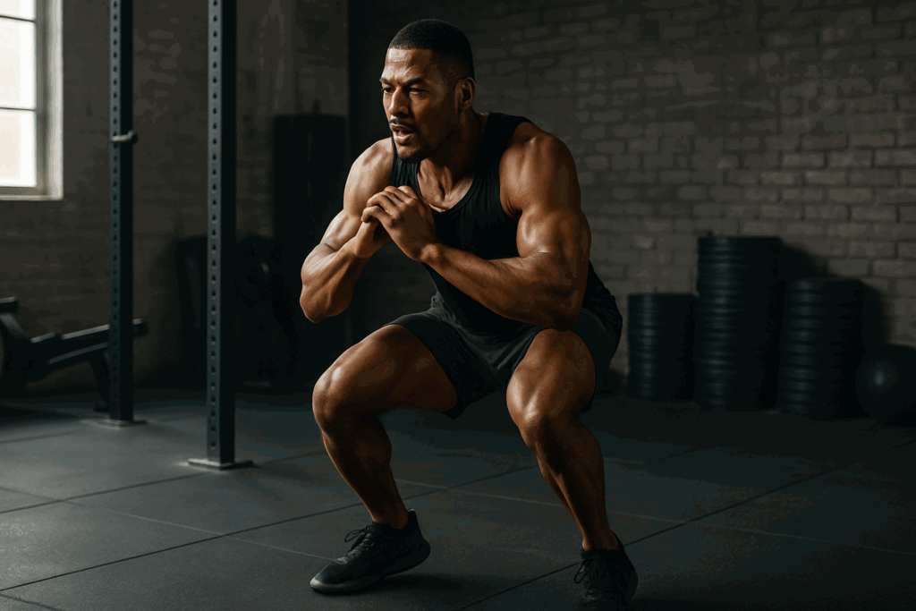 "Athlete performing dynamic jump squat exercise in a gym as part of a functional training circuit"