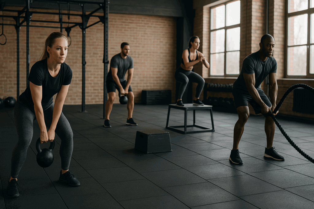 "Participants performing kettlebell swings, battle ropes, and plyometric box jumps in a spacious gym during a functional training circuit."