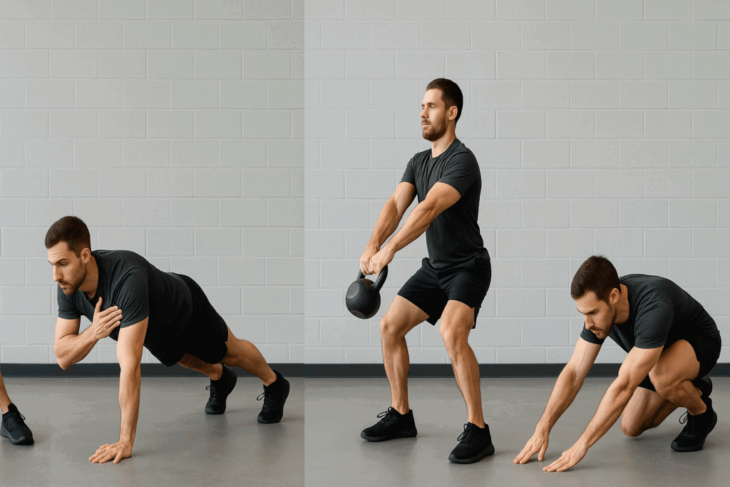 "Man performing a functional training circuit including warm-up stretches, push-ups with shoulder taps, kettlebell swings, mountain climbers, and cool-down stretch."