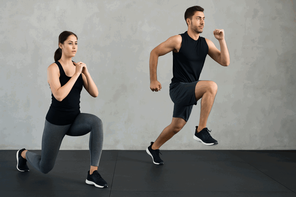 Two fit individuals demonstrating a functional training circuit with one performing static lunges and the other doing jumping lunges in a modern gym.