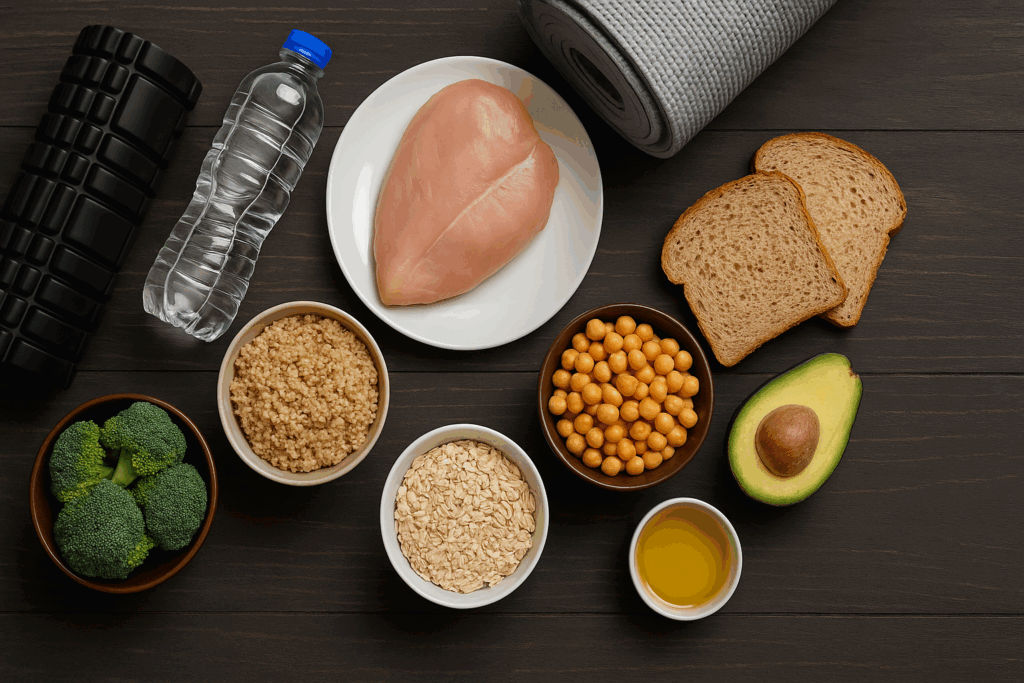 “Flat lay of nutritious foods and recovery tools supporting a functional training circuit”