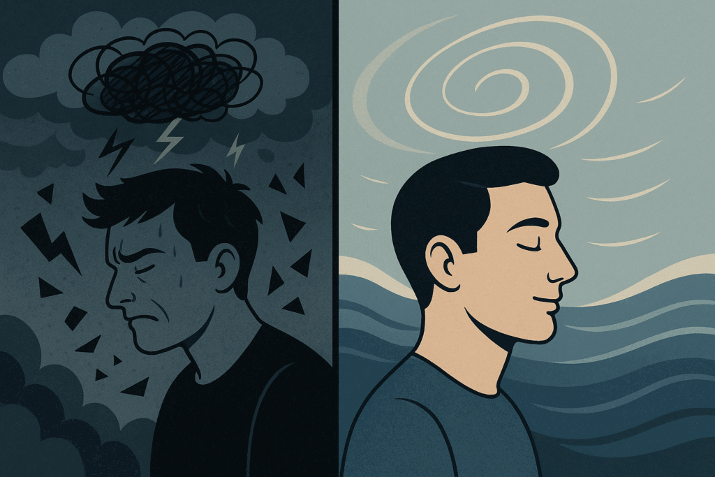 Split image showing how to train your mind to be stronger, with one person stressed in chaos and another calm amid the same storm.