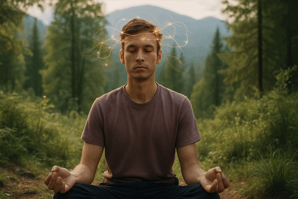 Person meditating in a forest with glowing neural pathways around their head, symbolizing how to train your mind to be stronger through mindfulness.