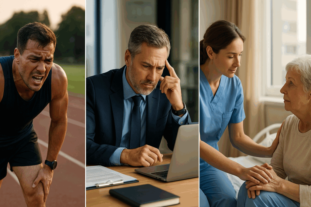 Athlete pushing through fatigue, executive managing crisis, and nurse comforting patient—real-life scenes showing how to train your mind to be stronger.