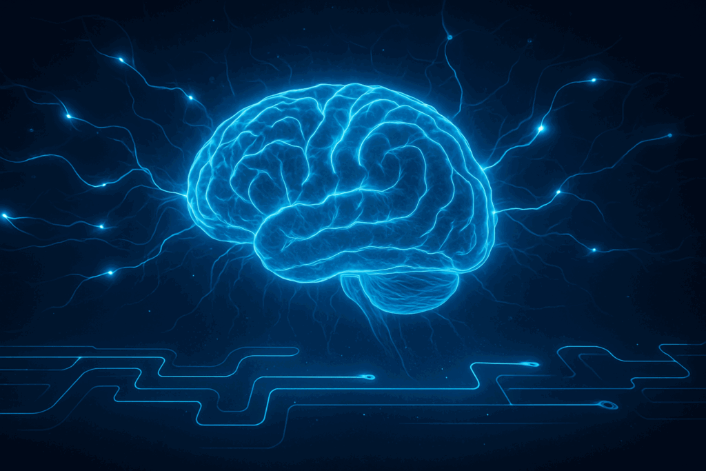 Digital illustration of a glowing human brain with neural pathways and circuitry, symbolizing brain plasticity and how to train your mind to be stronger.