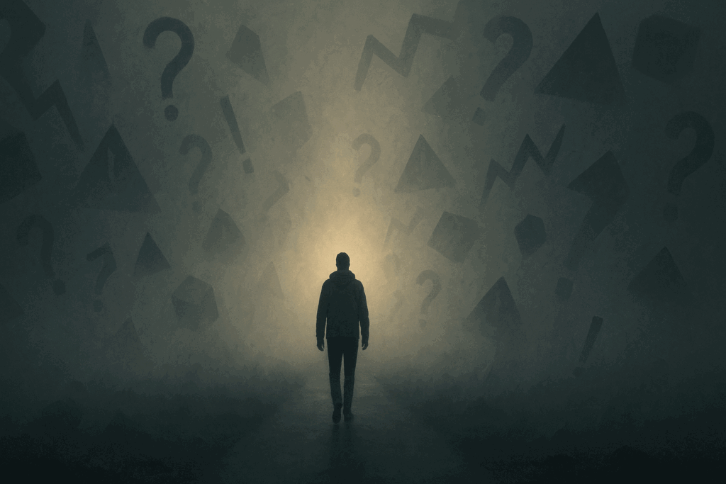 Silhouetted person walking through dense fog toward distant light, symbolizing how to train your mind to be stronger during uncertainty.