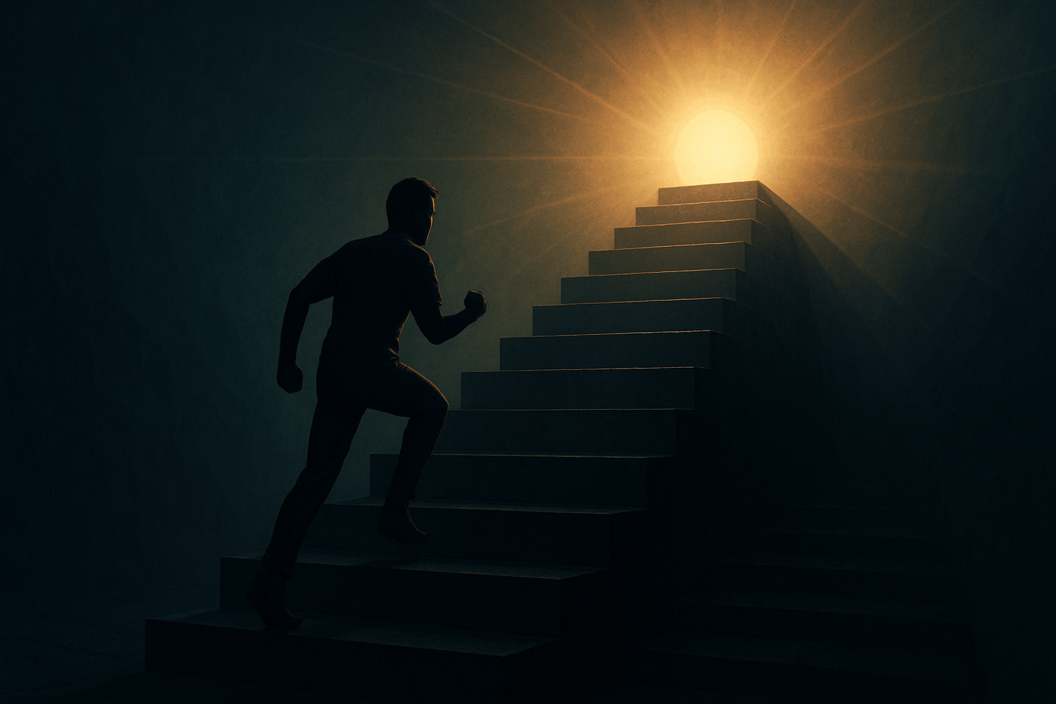 Person climbing steep, shadowy stairs toward a glowing summit, symbolizing how to train your mind to be stronger through persistence and discipline.