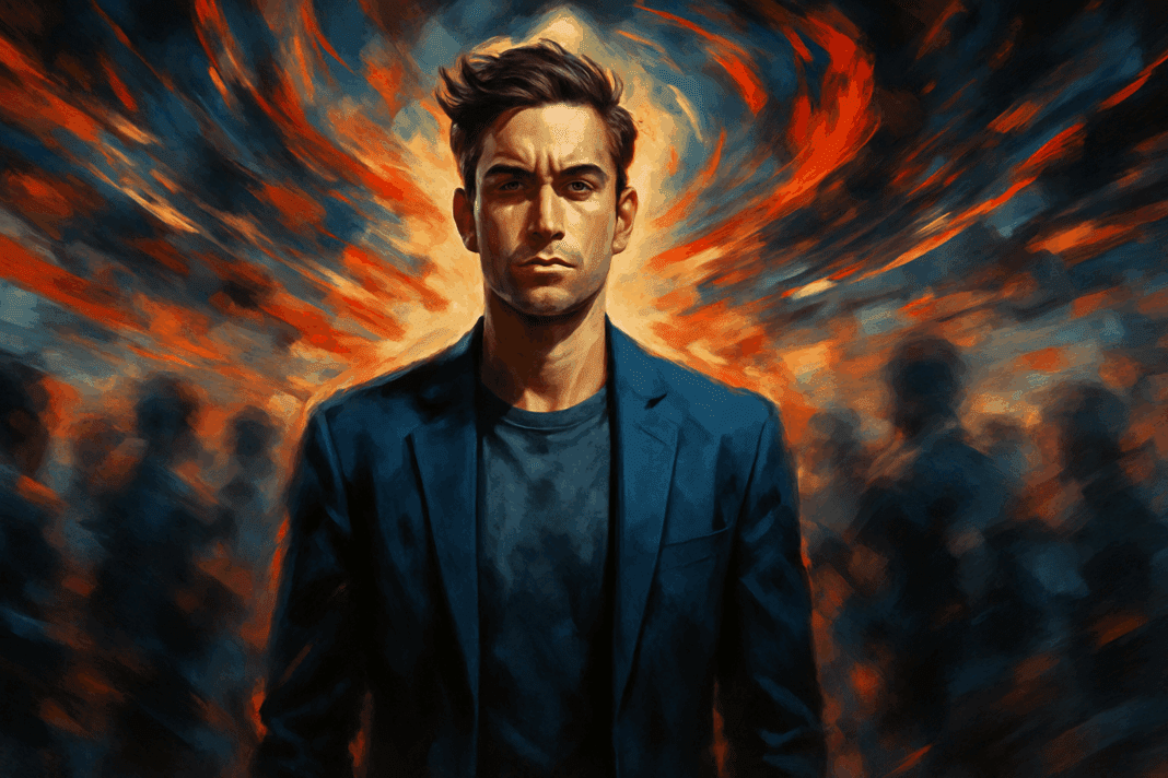 Confident man standing calm amid a swirling, chaotic crowd with intense lighting effects symbolizing mental stress, showing how challenges make you strong.
