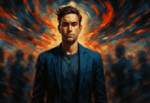 Proven Mental Techniques That Make You Strong Under Pressure Confident man standing calm amid a swirling, chaotic crowd with intense lighting effects symbolizing mental stress, showing how challenges make you strong.