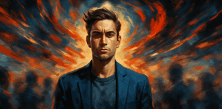 Confident man standing calm amid a swirling, chaotic crowd with intense lighting effects symbolizing mental stress, showing how challenges make you strong.