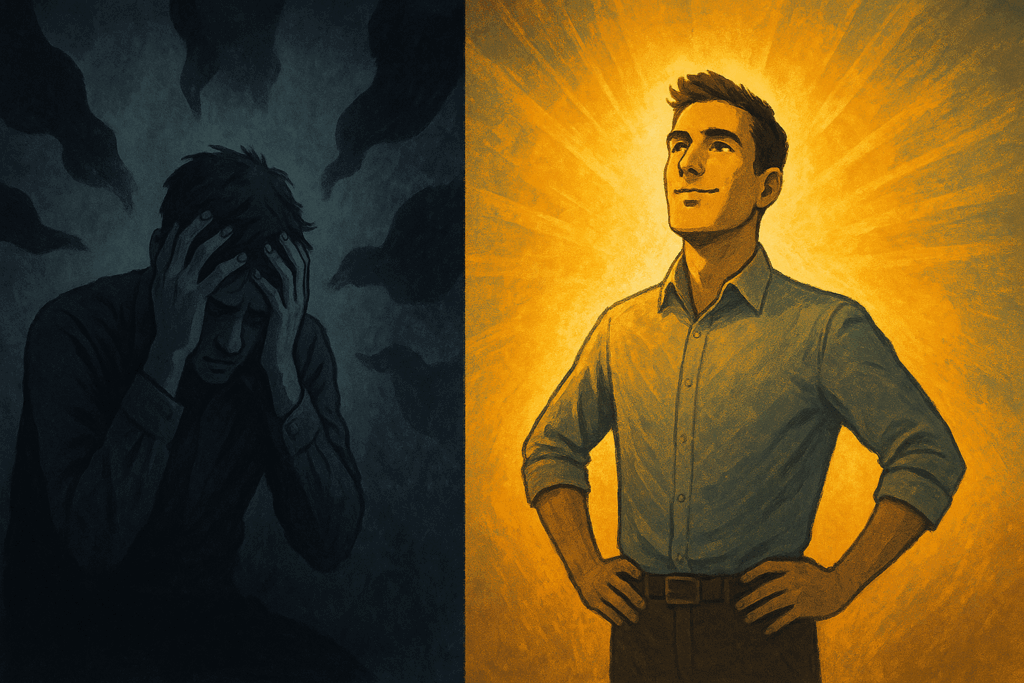 Split-screen showing emotional transformation—left side depicts stress with dark shadows, right side radiates confidence and energy to symbolize how mindset shifts can make you strong.