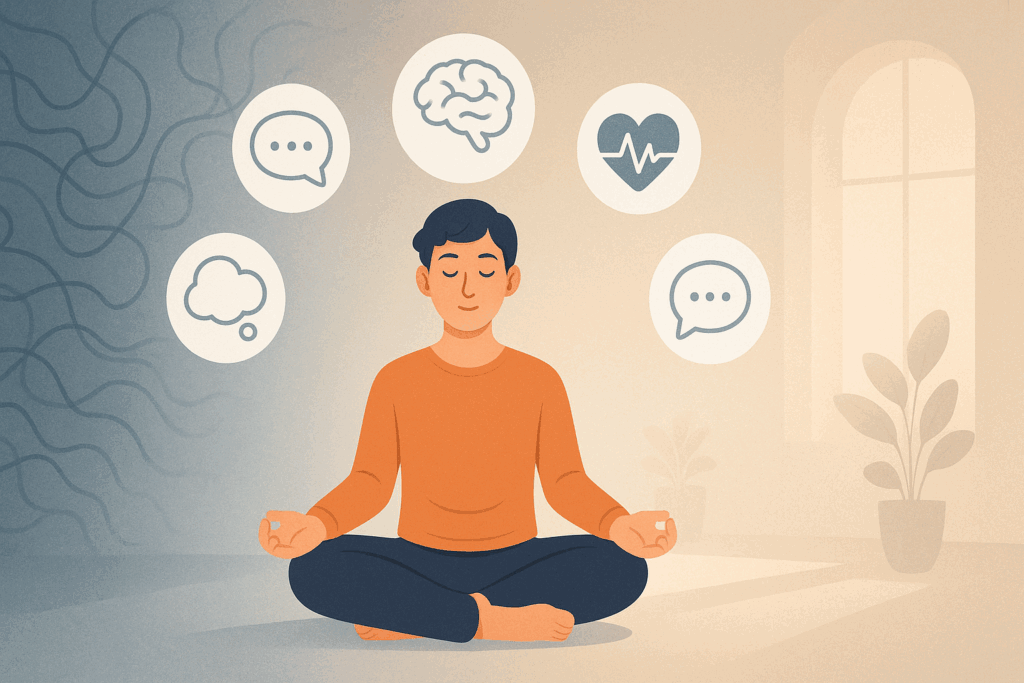 Person meditating indoors surrounded by icons for thoughts, emotions, and heartbeat, symbolizing self-awareness practices that make you strong.
