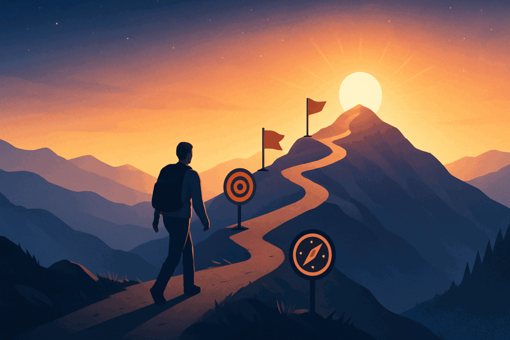 Person hiking a mountain trail at sunrise, passing symbolic goalposts that reflect motivation, long-term vision, and milestones that make you strong.
