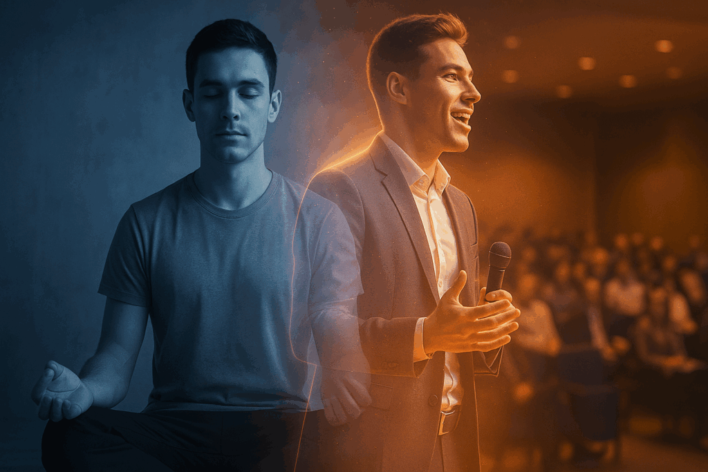Calm man visualizing success transforms into confident speaker on stage, showing how mental rehearsal can make you strong.