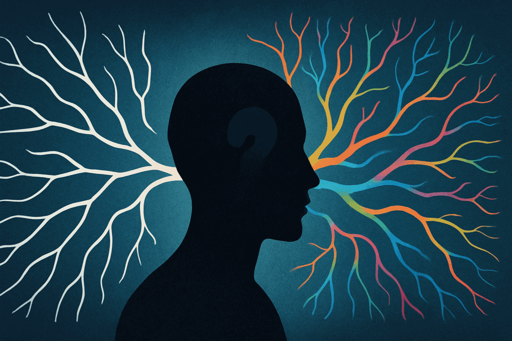 "Abstract human silhouette with rigid and branching neural pathways symbolizing how cognitive flexibility can make you strong in problem-solving"