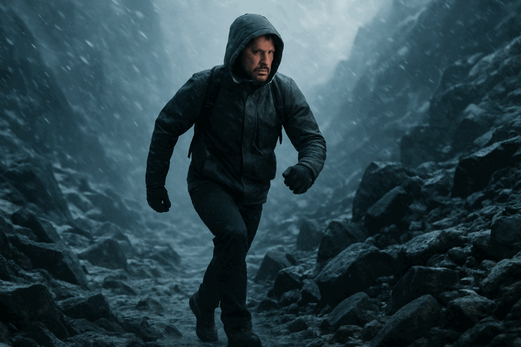 "Man hiking through a snowy mountain storm with determined expression, showing how adversity can make you strong"