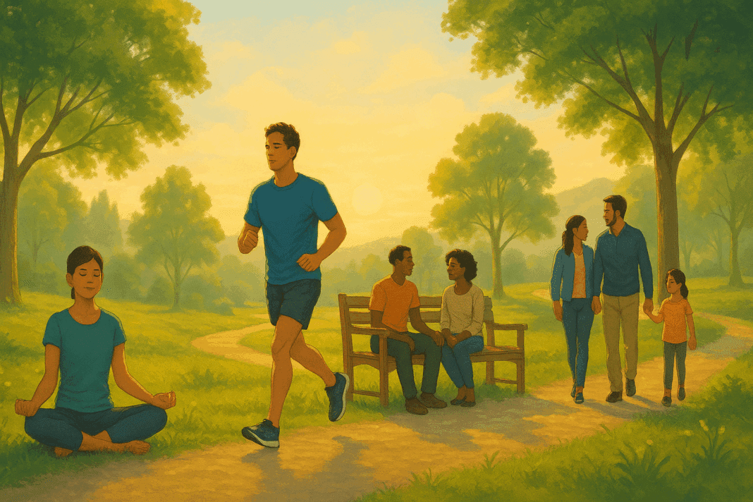 mental and social health (1) People meditating, jogging, talking, and walking in a sunlit park, promoting mental and social health through outdoor wellness.