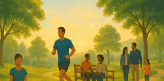 People meditating, jogging, talking, and walking in a sunlit park, promoting mental and social health through outdoor wellness.