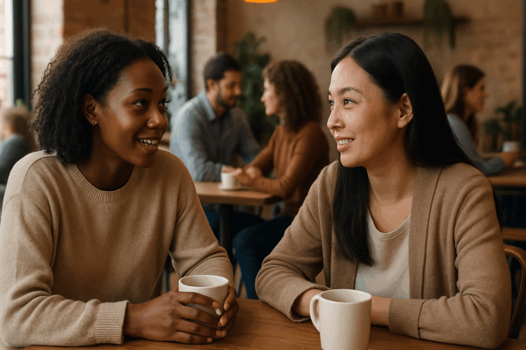 Two women from diverse backgrounds sharing coffee and a heartfelt conversation in a cozy café, illustrating mental and social health support.