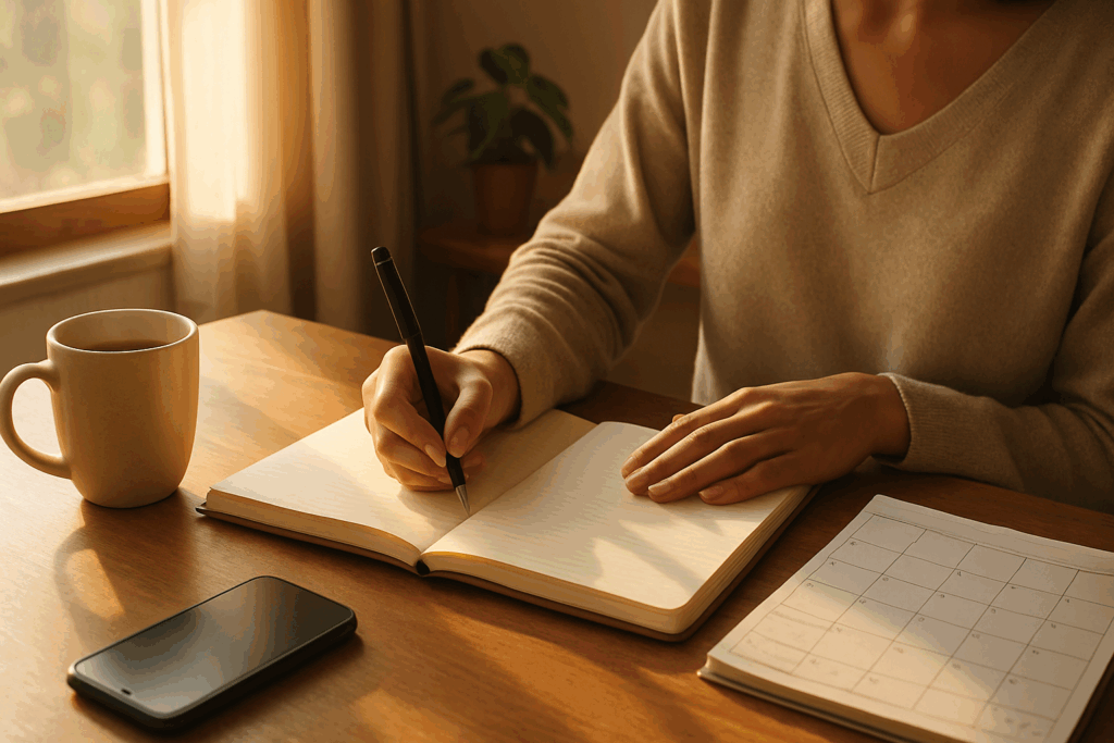 Person journaling at a sunlit desk with tea, planner, and face-down phone, reflecting daily habits that support mental and social health.
