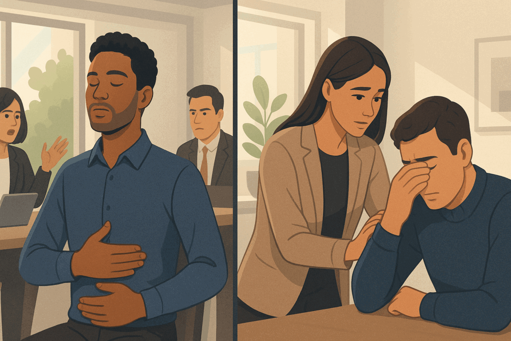 Two workplace scenes showing emotional control and empathy, promoting mental and social health through calm breathing and supportive interaction.