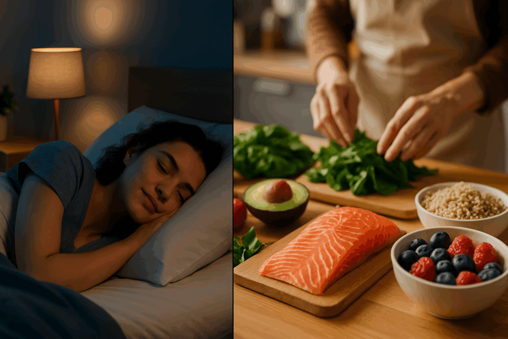 Peaceful sleep scene and nutrient-rich meal prep illustrating lifestyle habits that support mental and social health.
