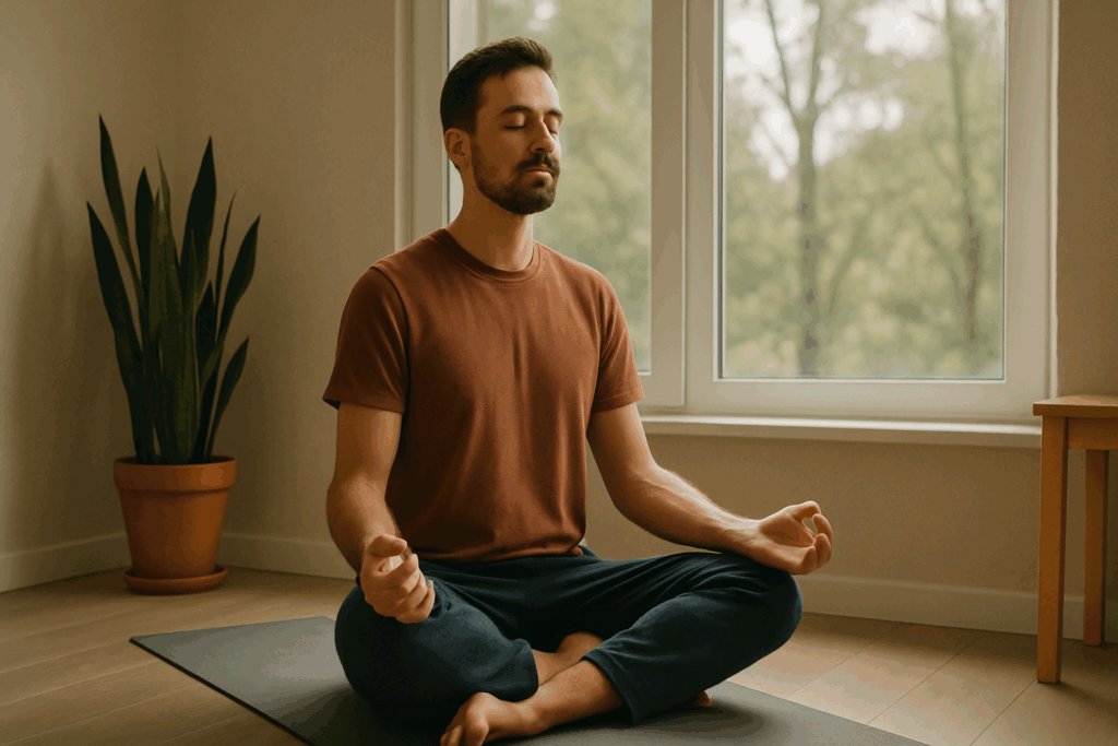 "Man meditating on a yoga mat in a minimalist room with nature outside, promoting mental and social health through mindfulness"