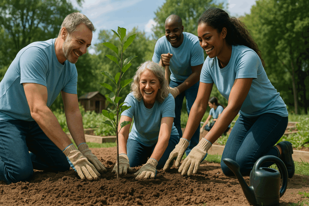 "Diverse group of volunteers planting a tree in a garden, promoting teamwork and boosting mental and social health"