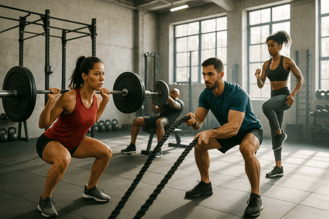 one hour gym workout plan (1) Diverse group of athletes performing squats, battle ropes, and HIIT drills in a modern gym during a one hour gym workout plan.