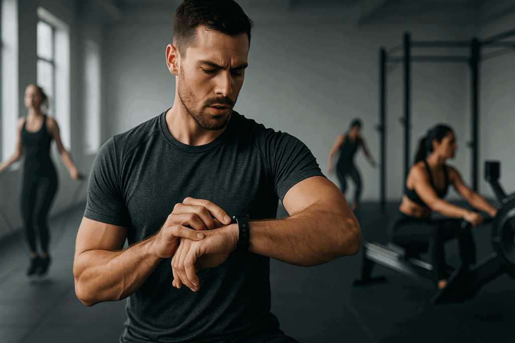 Man checking watch mid-workout in minimalist gym, illustrating urgency in a one hour gym workout plan.