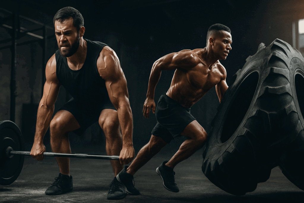 "Two male athletes performing deadlifts and tire flips in a gritty gym, illustrating a one hour gym workout plan focused on strength and conditioning"