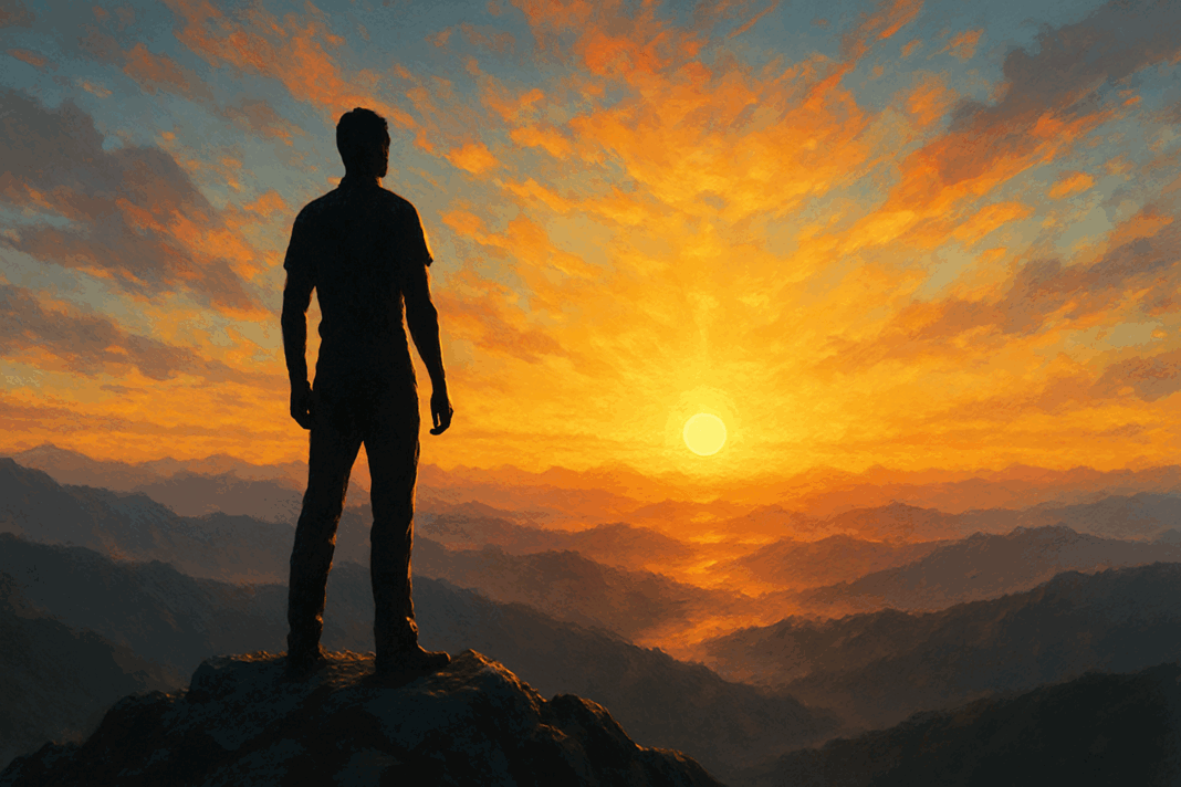 Silhouette of a lone figure standing on a mountain at sunrise, symbolizing resilience and signs of a strong person.