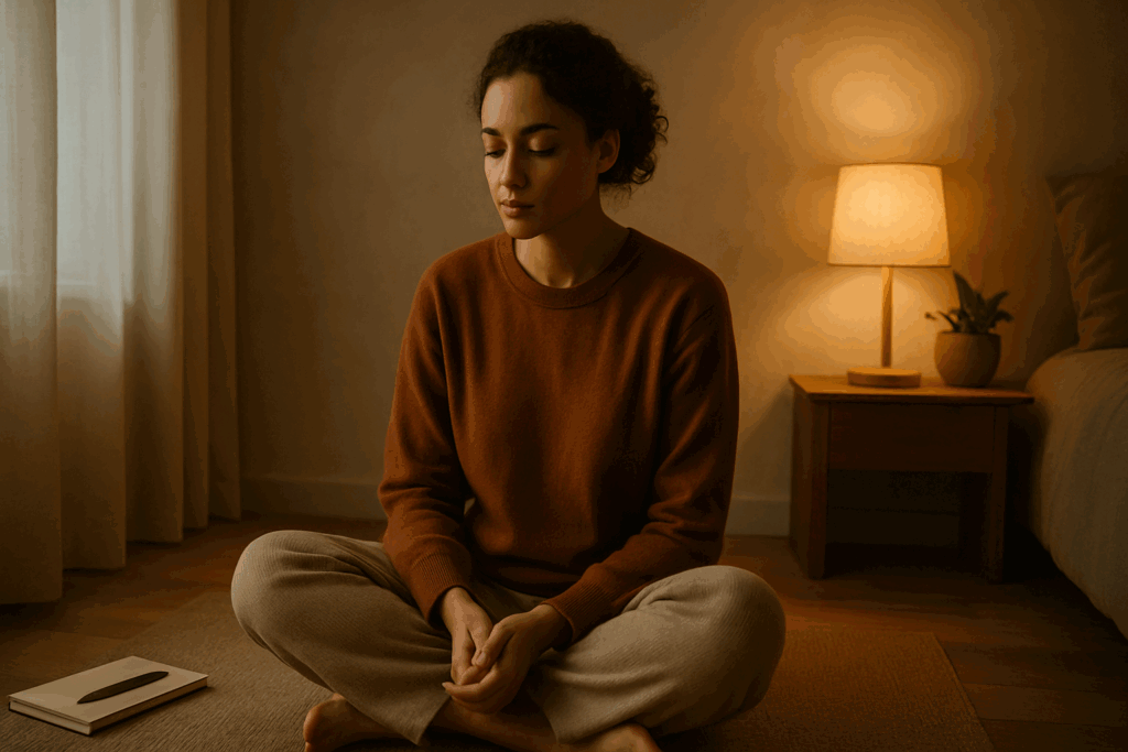 Woman sitting cross-legged in peaceful reflection beside a journal and warm lamp, symbolizing emotional openness as signs of a strong person.