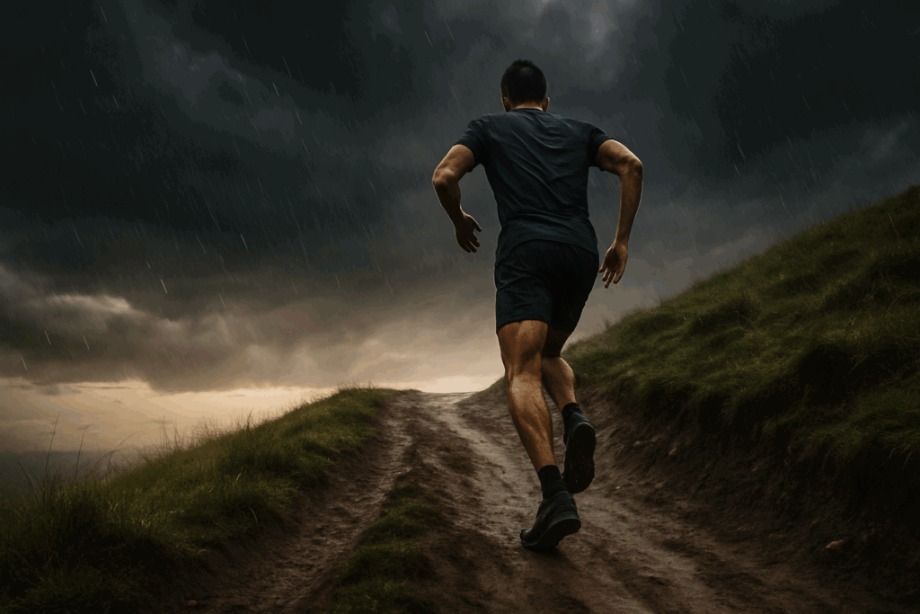 Athlete running uphill on a muddy trail in the rain under stormy skies, showing persistence as one of the signs of a strong person.