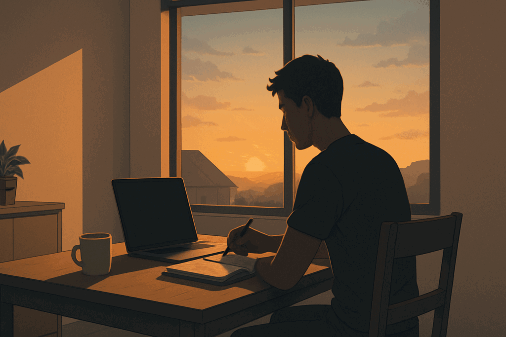 Man writing in a planner at sunrise in a minimalist home office, reflecting self-discipline as one of the signs of a strong person.