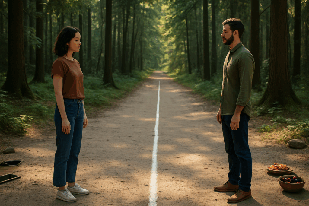 Two people standing calmly across a boundary line in a forest, showing mutual respect as signs of a strong person.