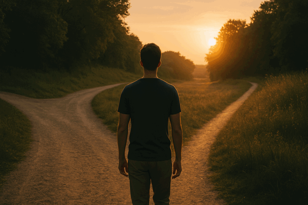"Man standing at a crossroads during sunset, symbolizing ethical choices and signs of a strong person through resolve and clarity"