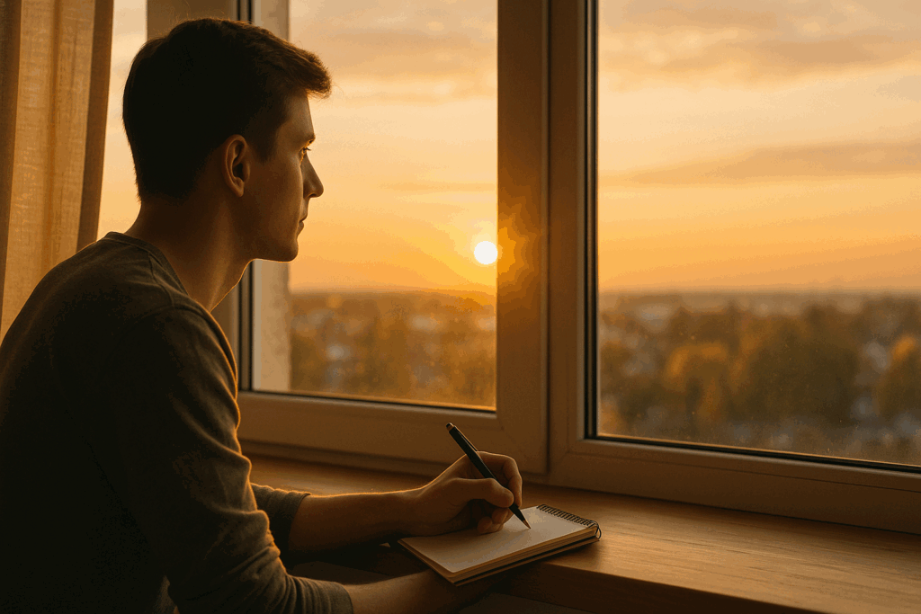 "Man calmly writing in a notebook at sunrise, reflecting strategic optimism as one of the signs of a strong person"
