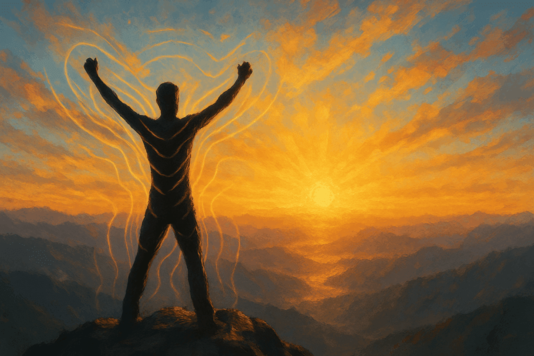 strengths based practice (1) Person standing with arms raised on a mountain at sunrise, radiant light symbolizing empowerment and strengths based practice.